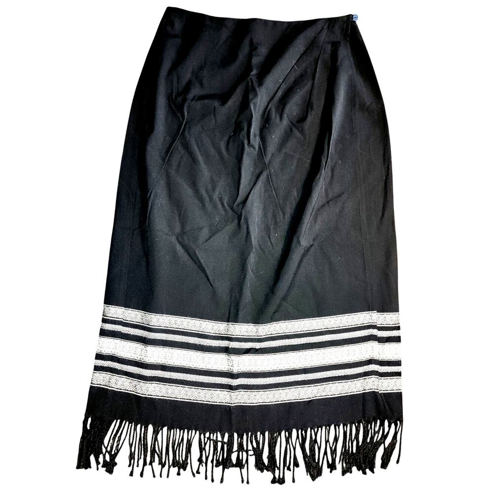 Coldwater Creek Maxi Boho Fringe Black Wrap Skirt Size Petite 12p